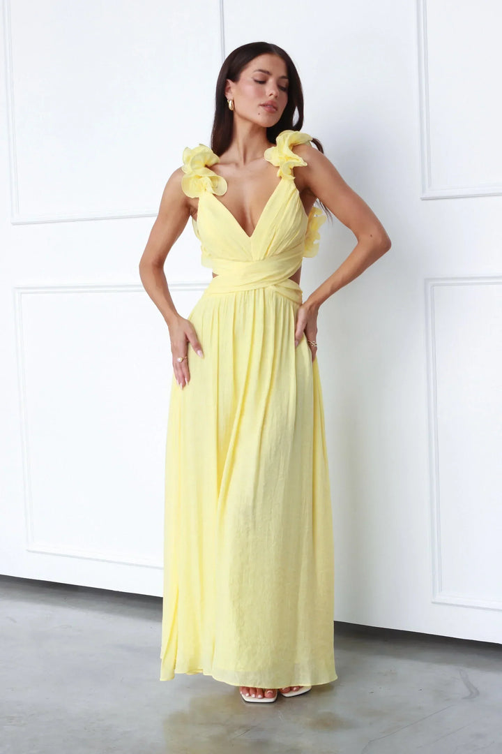 Women's formal long yellow backless dress. Elegant maxi style for evening wear & special occasions.