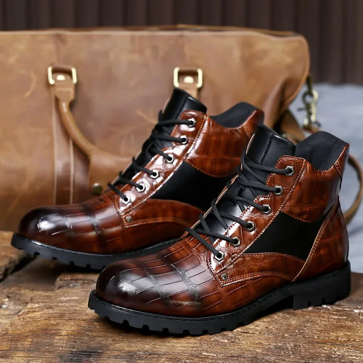 Versatile men's alligator embossed combat boots, perfect for everyday wear with a strong, durable design.