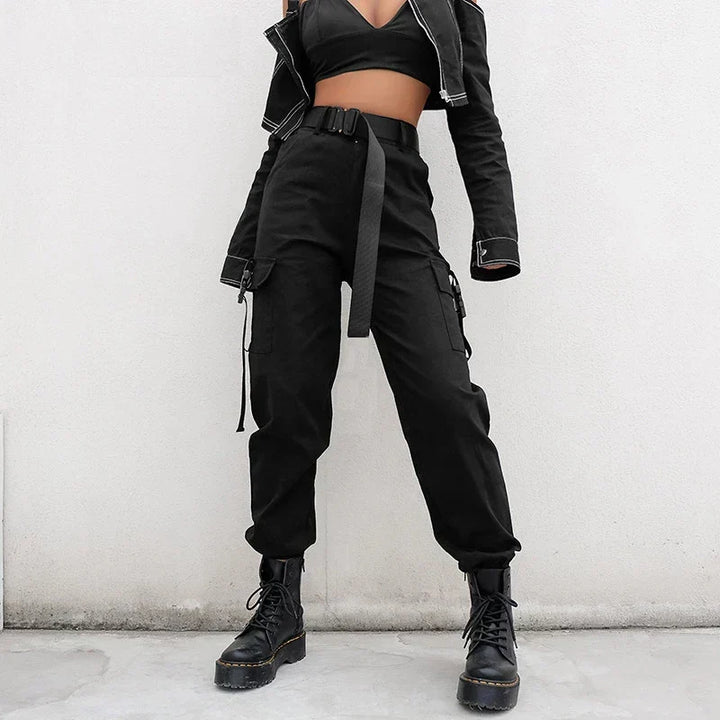 Women's high waist elastic cargo pants in a comfortable utility style, perfect for everyday casual wear.