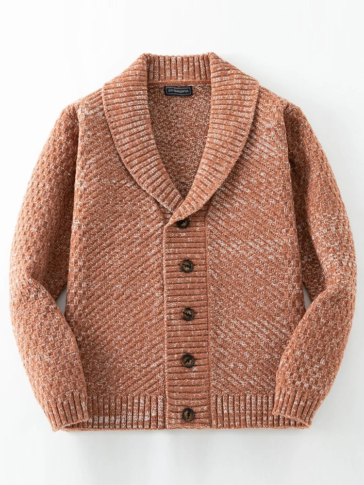 Cozy men's button-front shawl collar knitwear cardigan, ideal casual wear for stylish fall and winter outfits.