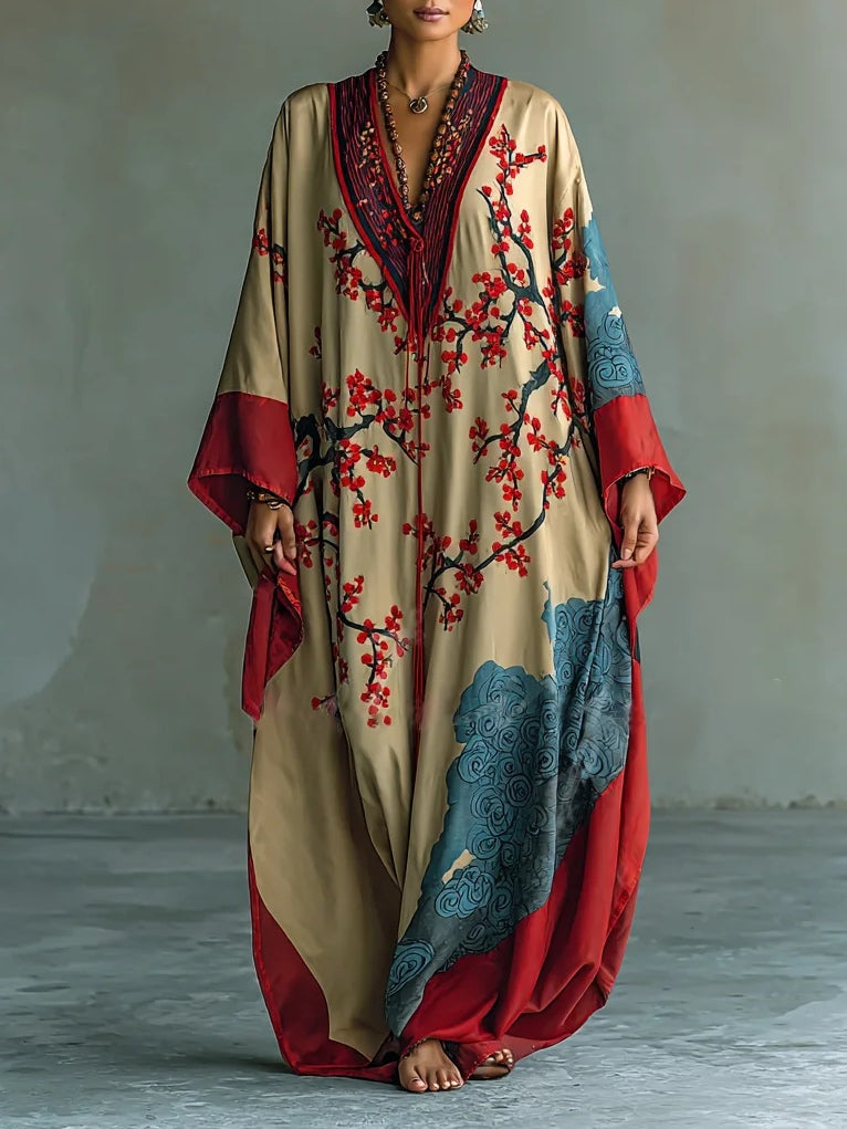 Women's red Japanese plum blossom batwing maxi dress. Elegant vintage style summer dress with floral print.