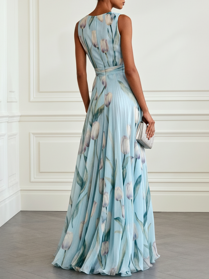 Blue women's maxi dress with elegant tulip floral print, V-neck, ideal for summer parties.