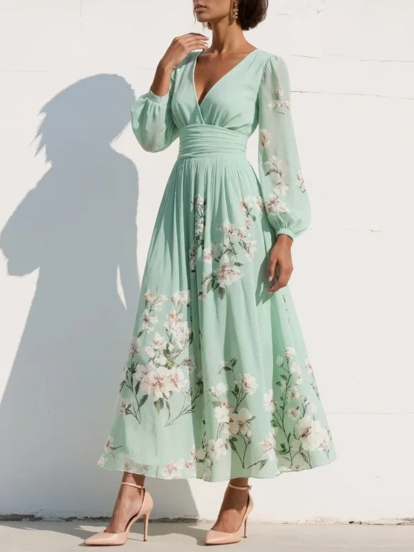 Stylish green floral midi dress, a flowy summer dress perfect for women seeking elegant and comfortable attire.