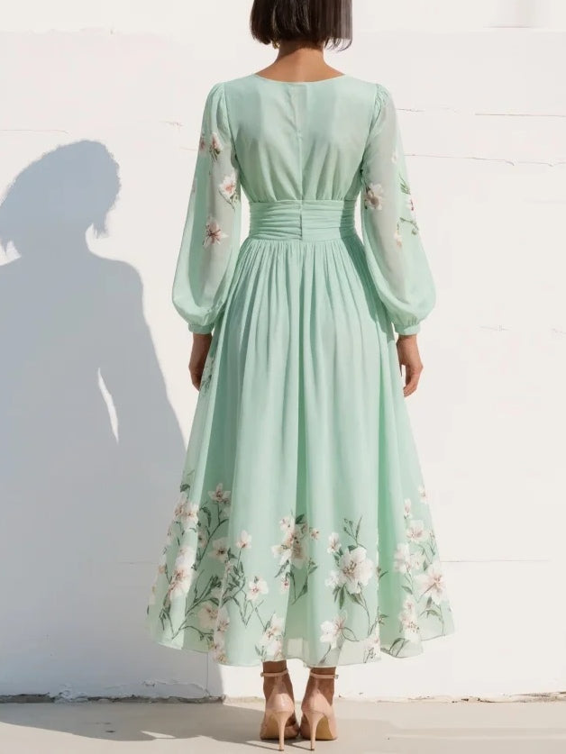 Beautiful pink floral midi dress for women, an elegant choice for summer parties or spring casual wear.