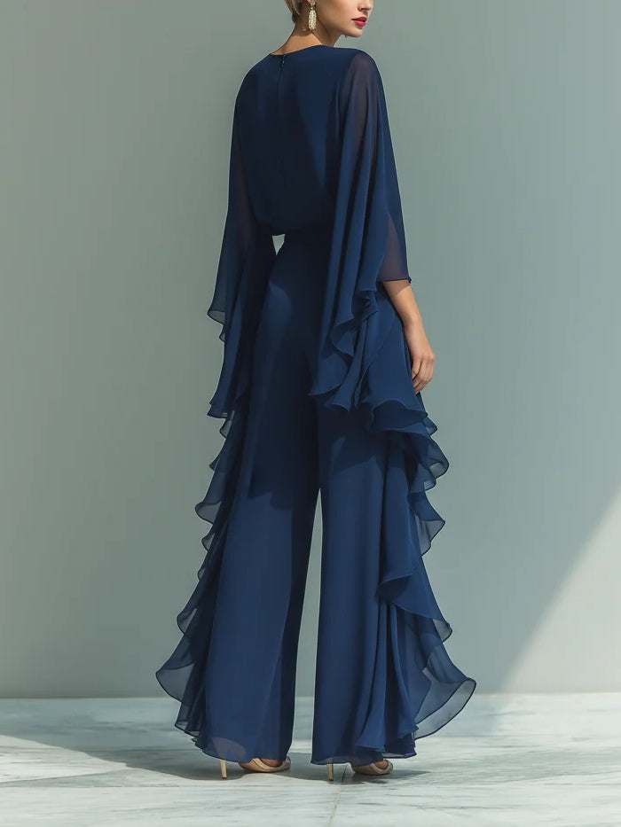 Chic women's formal two-piece set featuring stylish flared sleeves and ruffled details, ideal for special events.