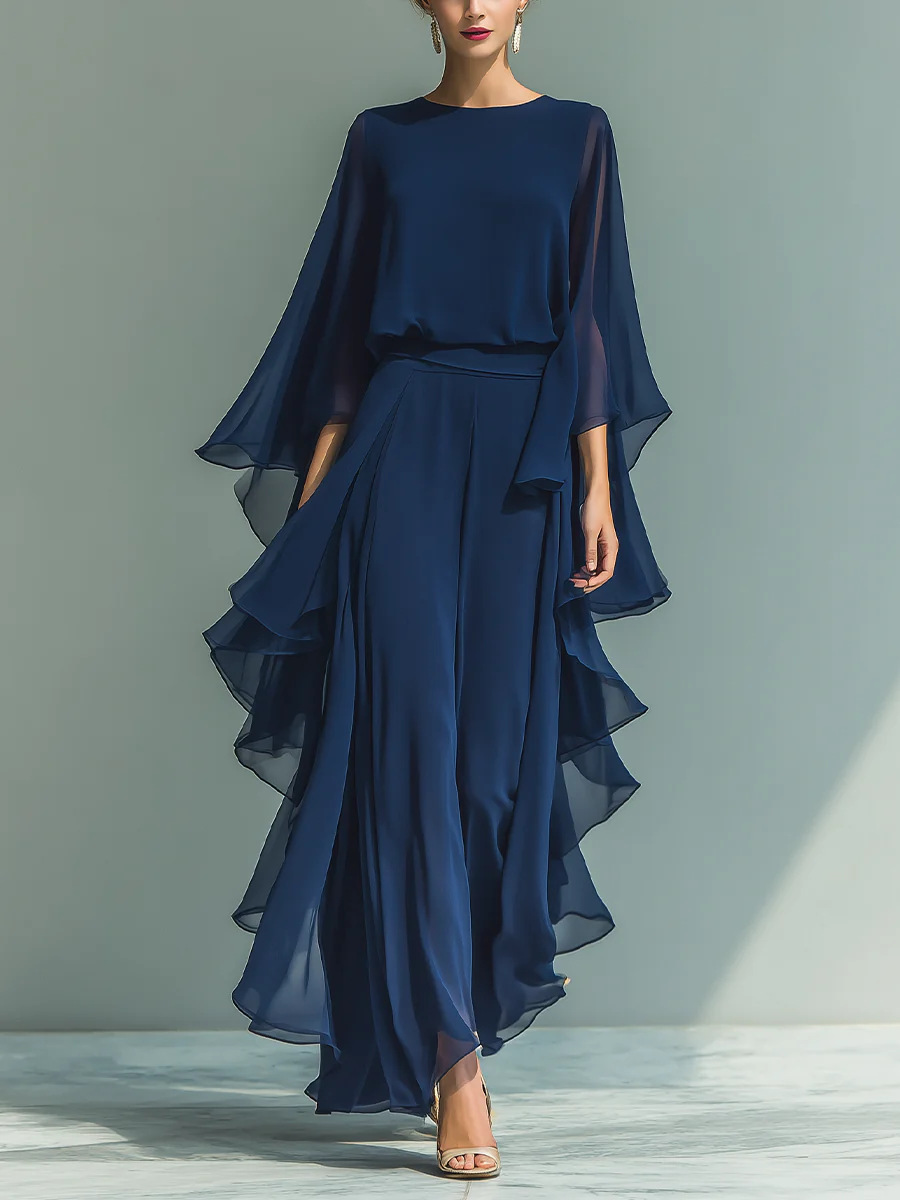 Elegant women's two-piece set with flared ruffled sleeves & straight leg pants, perfect for formal evening occasions.