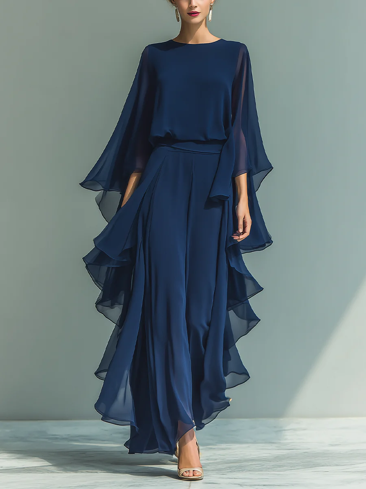 Elegant women's two-piece set with flared ruffled sleeves & straight leg pants, perfect for formal evening occasions.