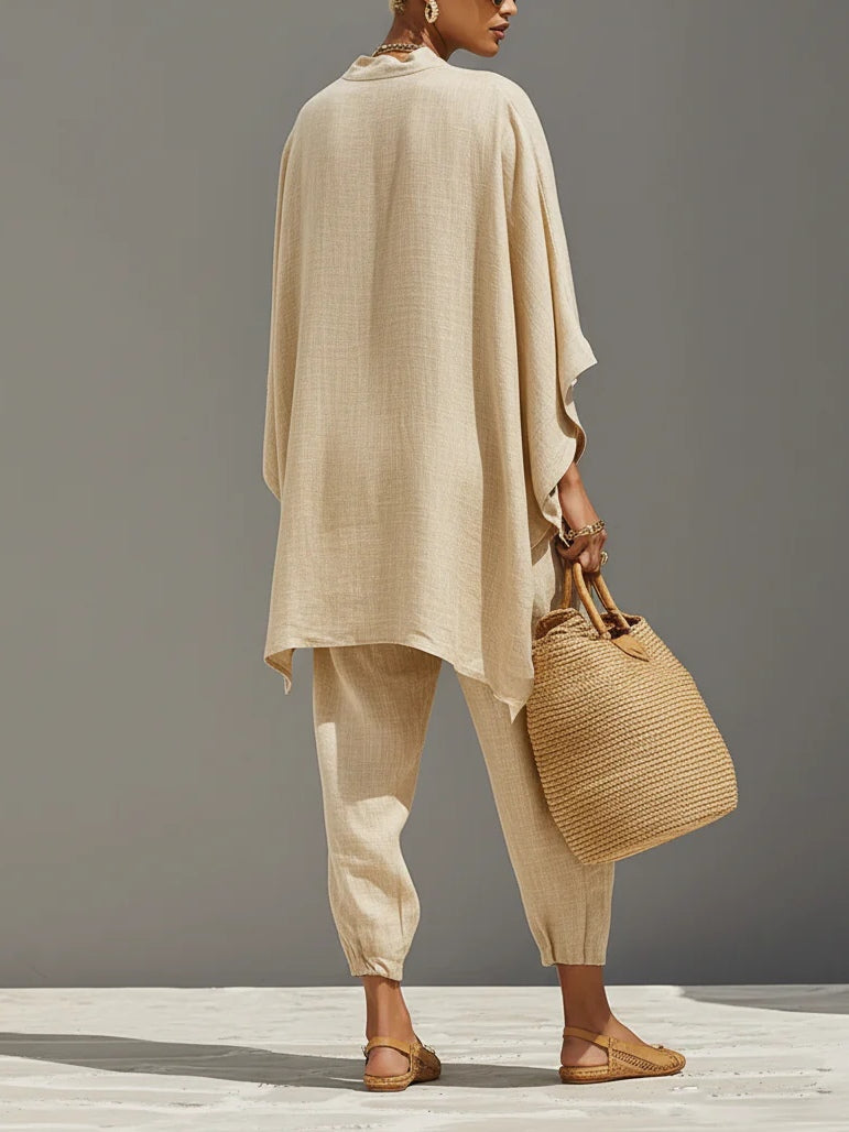Comfy women's light khaki jogger set with a stylish asymmetrical top, perfect for casual wear.