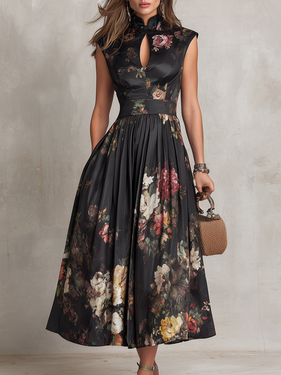 Elegant women's black floral pleated midi dress with a stylish keyhole collar, ideal for parties & special events.