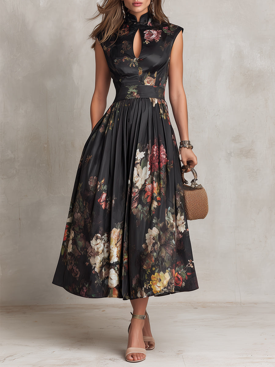 Women's black floral pleated midi dress with keyhole collar, perfect for elegant evening or party occasions.