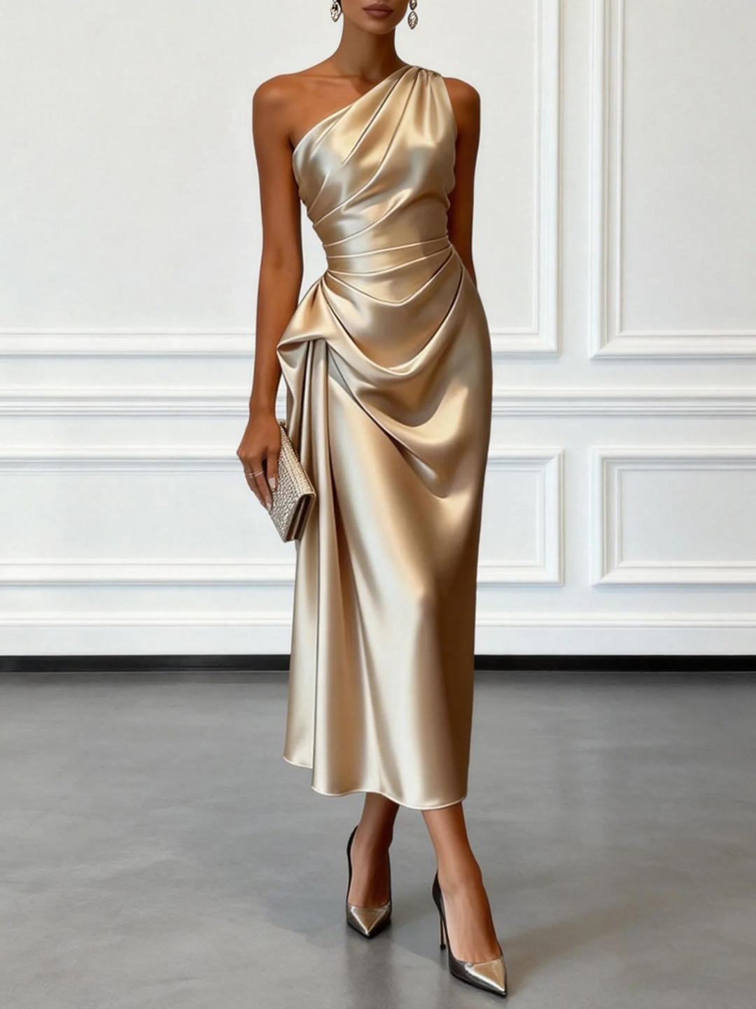 Elegant Women's Caille one-shoulder ruffled midi dress, perfect for parties & special occasions.