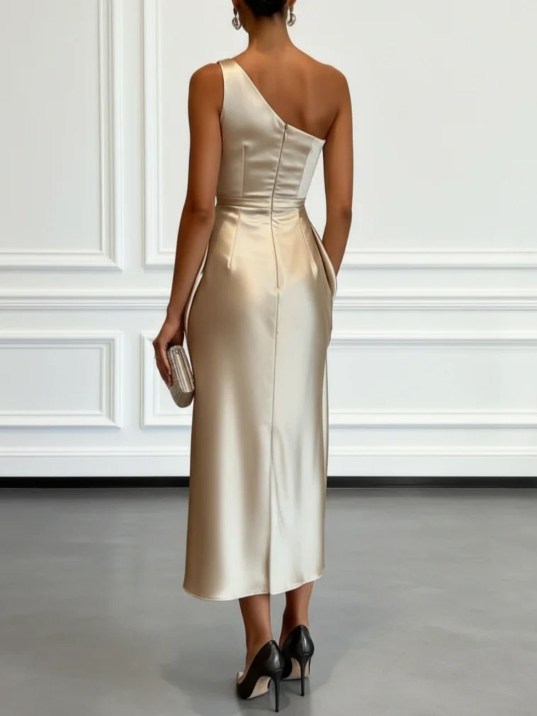 Women's sleeveless Caille one-shoulder ruffled midi dress. Chic party & cocktail wear.