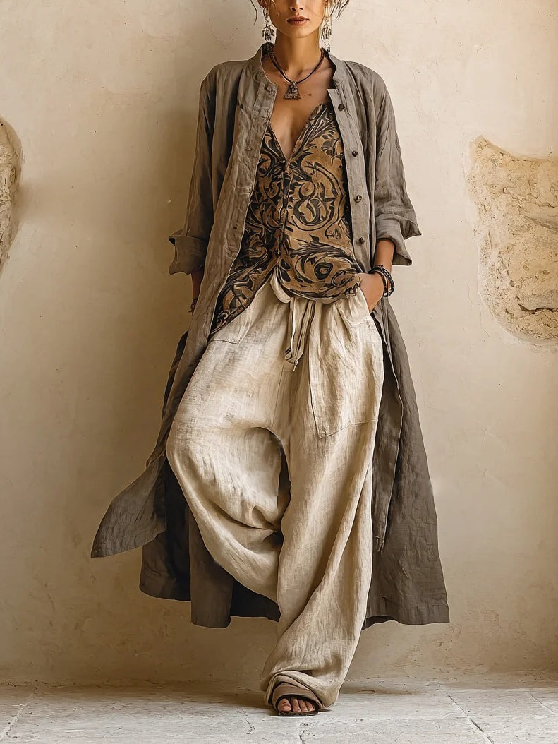 Women's effortless summer three-piece set for versatile style; comfortable, casual elegant resort wear. Travel fashion outfit.
