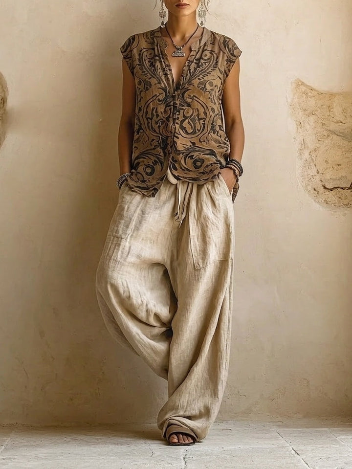 Stylish women's three-piece summer set, a versatile outfit for spring & travel. Comfortable, casual, and elegant fashion ensemble.