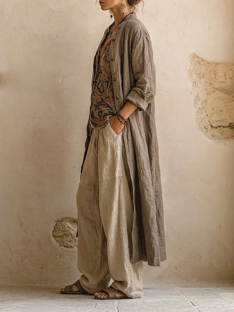 Women's versatile three-piece summer outfit, perfect for comfortable travel, casual outings, or elegant resort wear. Spring fashion.