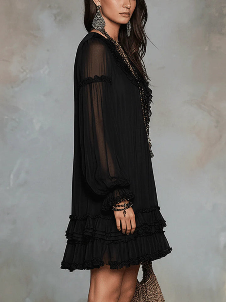 Stylish women's ruffle mini dress; an elegant, versatile choice for party or casual wear.