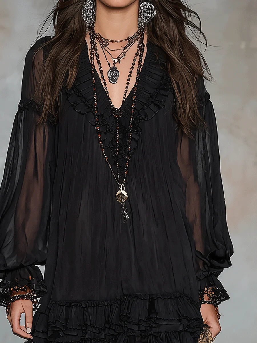 Women's mini dress with elegant ruffles, a versatile & flattering party or casual outfit.