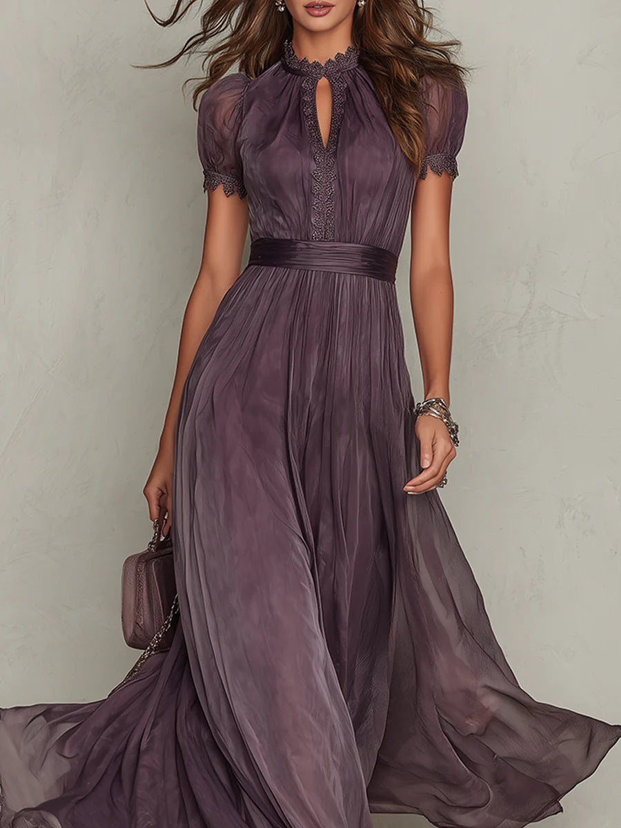 Relaxed fit women's purple puff sleeve maxi dress with keyhole neck & graceful pleats. Elegant & comfortable.