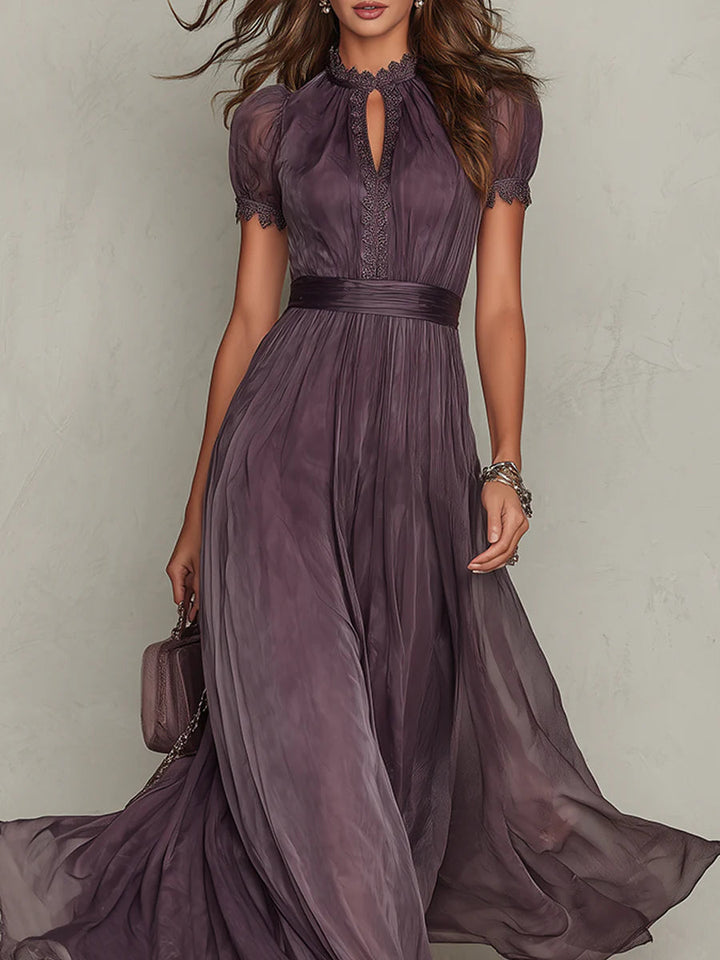 Relaxed fit women's purple puff sleeve maxi dress with keyhole neck & graceful pleats. Elegant & comfortable.