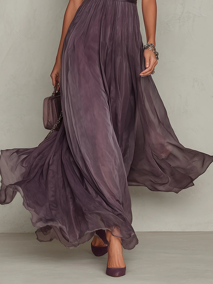 Women's evening purple dress, long and elegant, with a delicate trim and a beautiful drop-neck neckline.