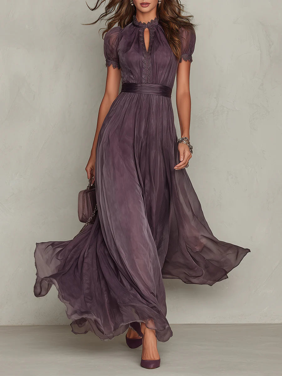 Elegant women's purple puff sleeve keyhole pleated maxi dress. Perfect for summer occasions & relaxed fit.