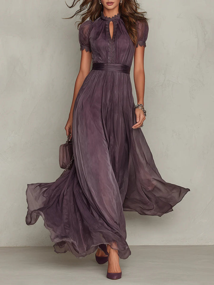 Elegant women's purple puff sleeve keyhole pleated maxi dress. Perfect for summer occasions & relaxed fit.