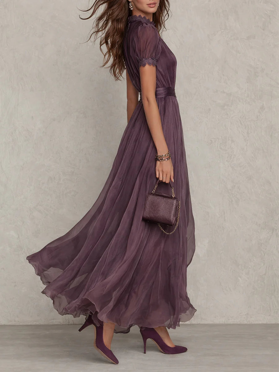 Stylish women's long purple pleated maxi dress with puff sleeves & keyhole neckline. Casual or occasion wear.