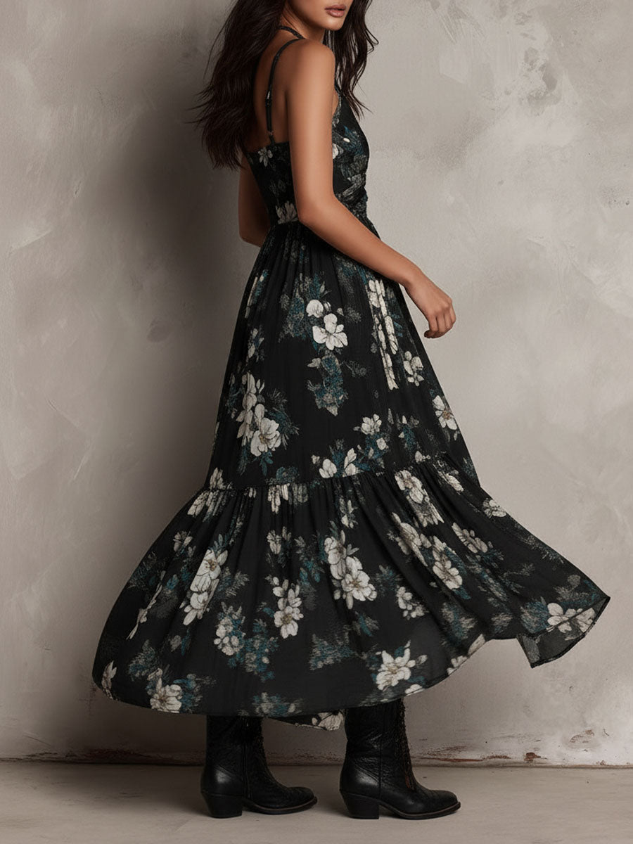 Comfortable women's black bohemian floral maxi dress, flowy design for summer vacation or elegant casual wear.