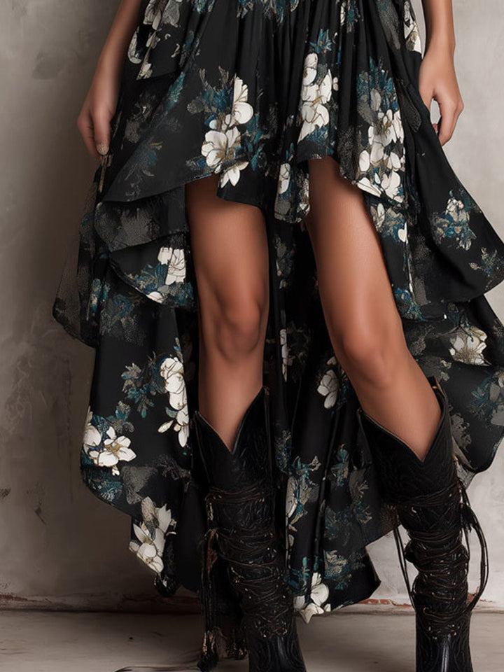 Chic women's black bohemian floral maxi dress with elegant ruffles, flowy & perfect for summer vacations.