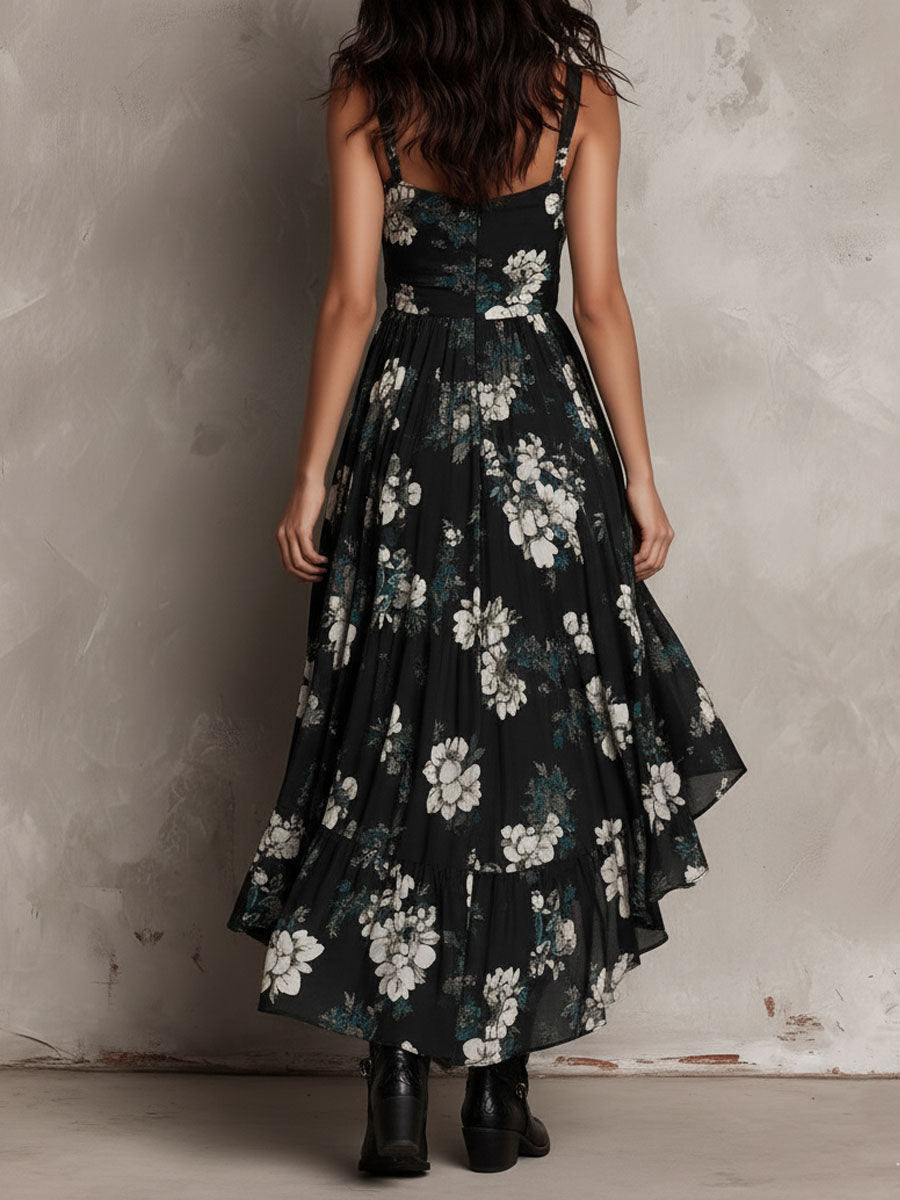 Ruffled black bohemian floral maxi dress for women, an elegant and flowy summer vacation outfit.