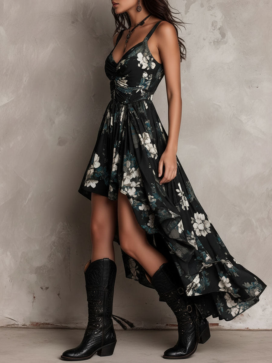 Women's elegant black bohemian floral maxi dress. Flowy design for summer, perfect for vacation occasions.