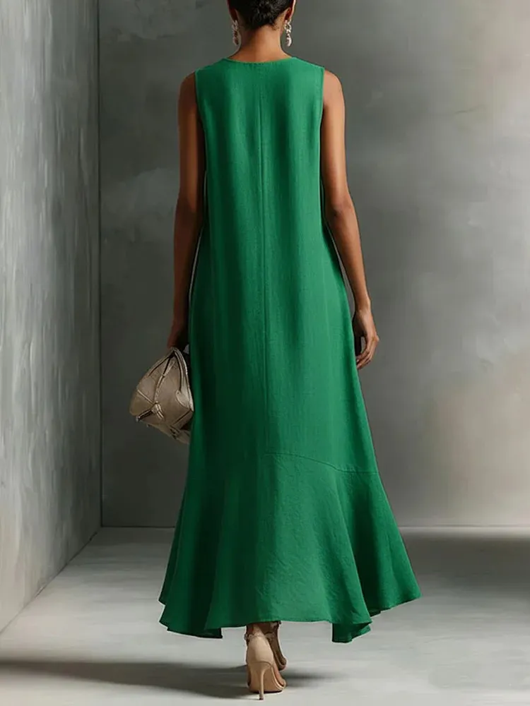 Flowing V-neck sleeveless maxi dress for women, perfect for casual or elegant summer style.