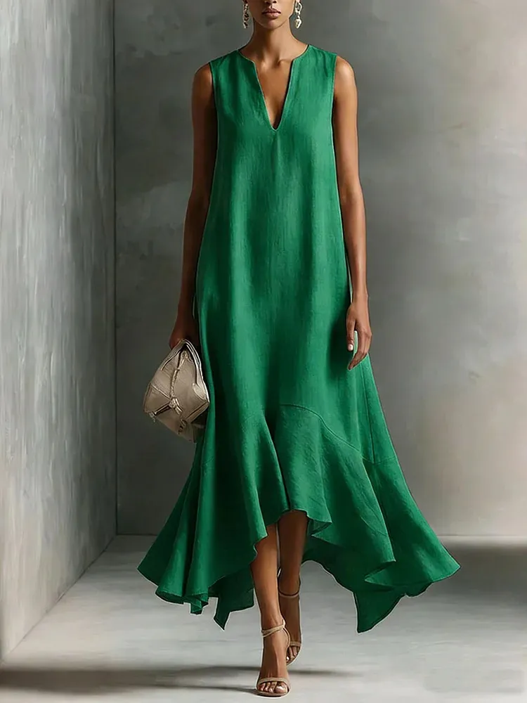 Women's V-Neck Sleeveless Flowing Maxi Dress with ruffled hem for elegant summer style.