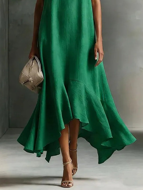 Women's sleeveless V-neck maxi dress, long flowing summer dress with ruffled hem, casual & elegant.