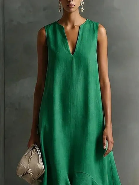 Elegant women's long V-neck sleeveless maxi dress with a ruffled hem, ideal for summer.