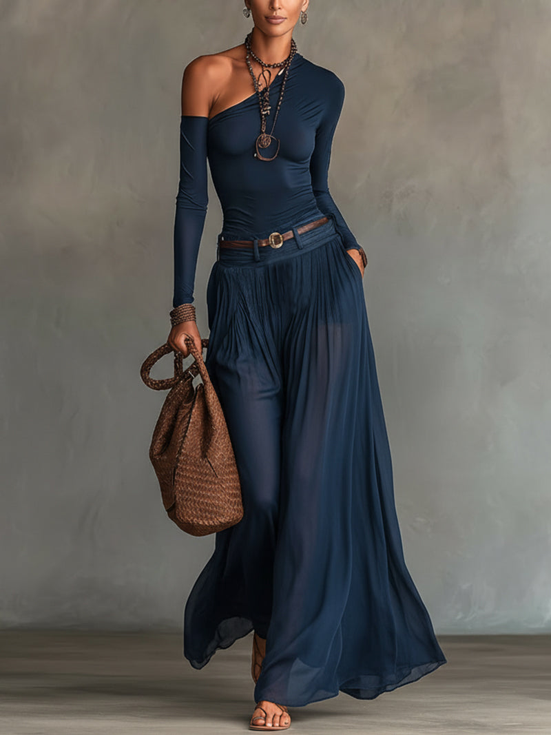 Stylish navy asymmetrical top & skirt matching set for women. Ideal for special occasions.