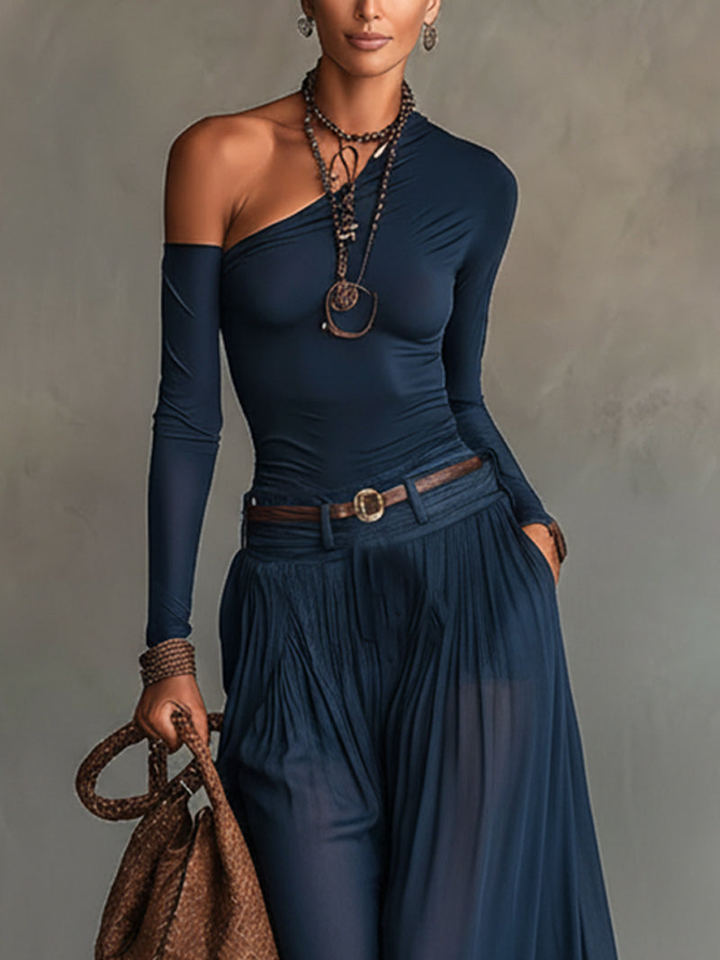 Women's navy asymmetrical two-piece matching set. Chic & elegant for special events.