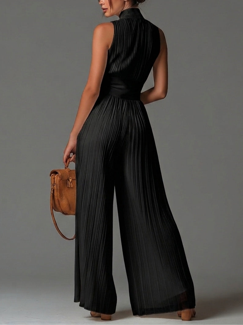 Contemporary women's occasionwear jumpsuit: sleeveless, V-neck, and chic pleated wide-leg design.