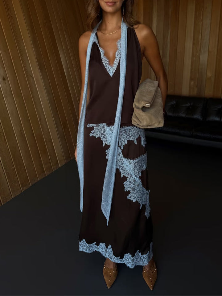 Chic brown halter top & matching maxi skirt two-piece outfit for women, a coordinated elegant style.
