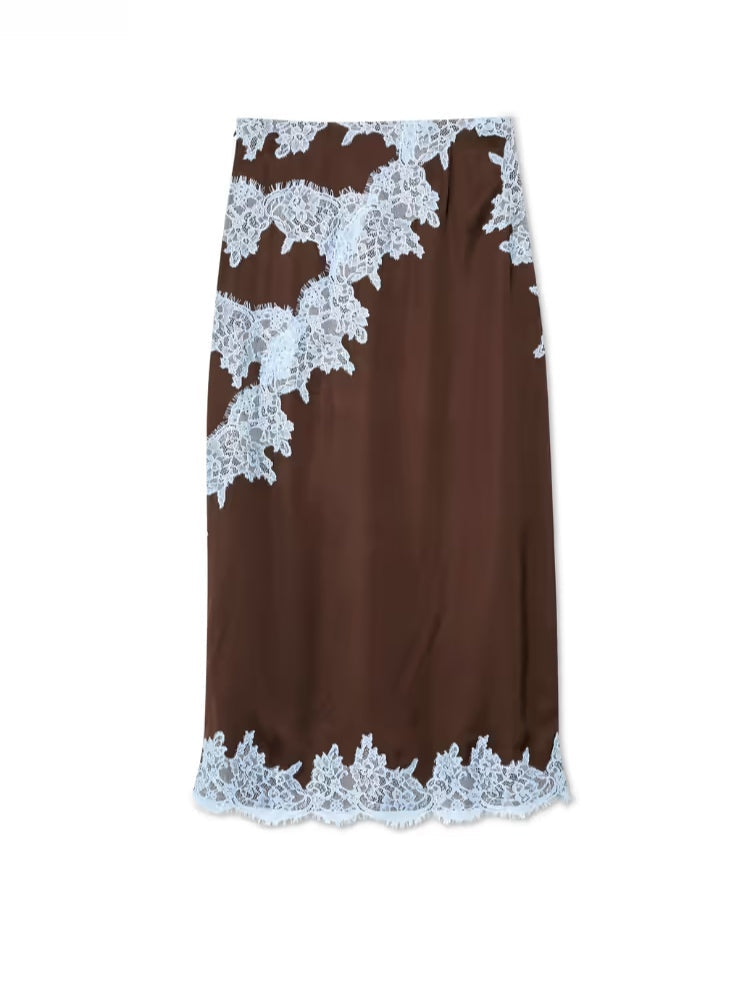 Smooth brown women's halter top & matching maxi skirt two-piece set, an elegant coordinated outfit.