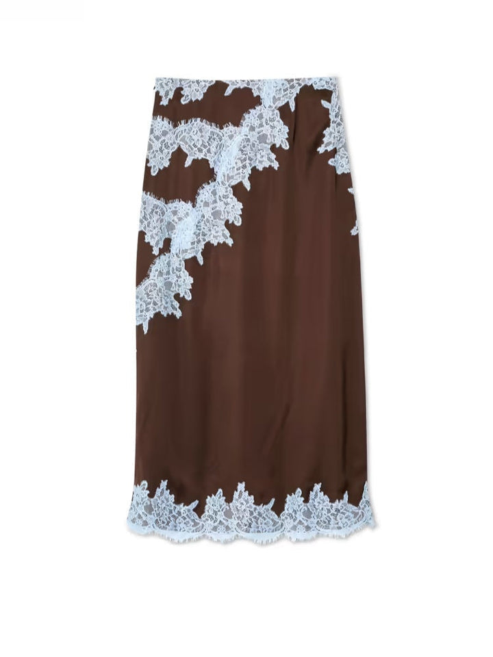 Smooth brown women's halter top & matching maxi skirt two-piece set, an elegant coordinated outfit.