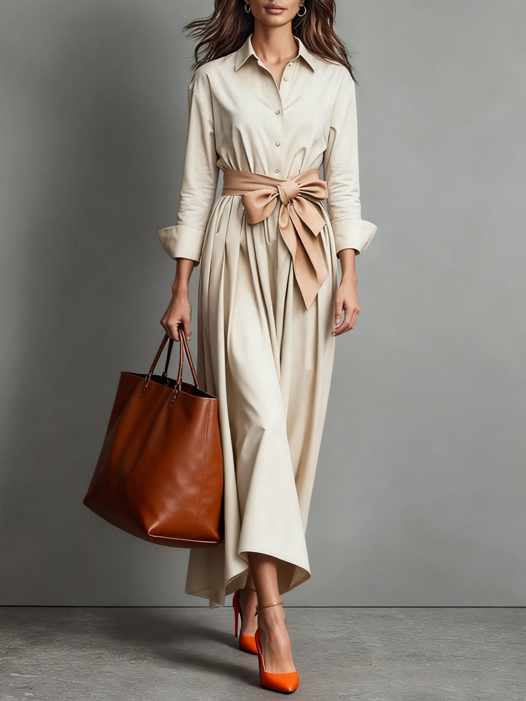 Long women's elegant shirt maxi dress, offering effortless casual style for warm spring and summer days.