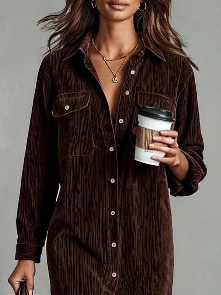 Elegant women's casual midi dress with long sleeves & button-front, perfect for versatile everyday fashion.