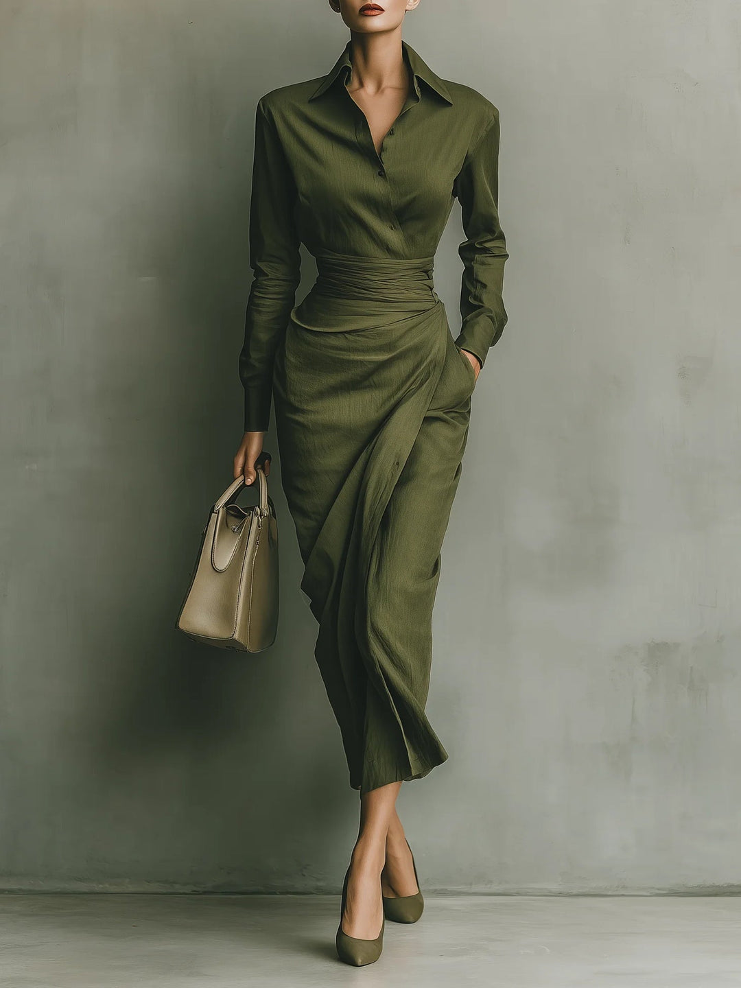 Elegant women's fitted green maxi dress with collar, perfect for sophisticated occasion wear and stylish fashion.