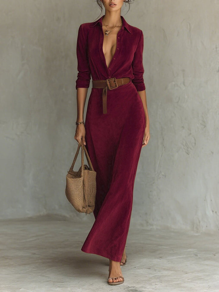 Women's sophisticated midi dress with a flattering belt & long sleeves, great for fall fashion statements.