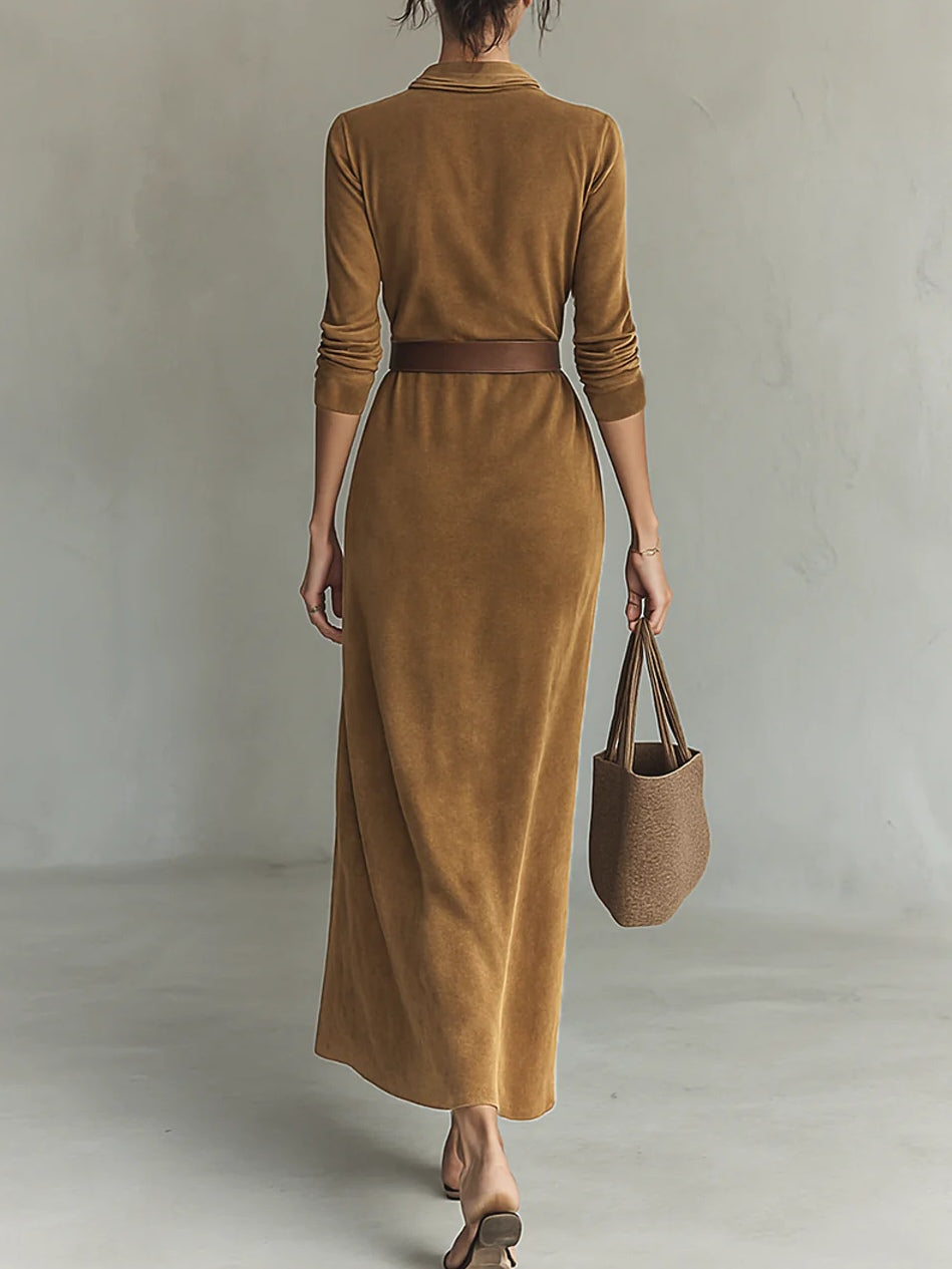 Chic belted midi dress for women, elegant long sleeve design, perfect for fall and event fashion.