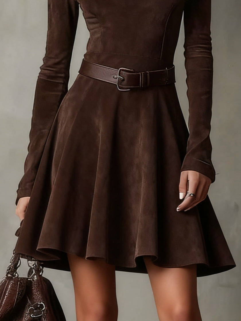Comfortable women's casual turtleneck mini dress with long sleeves. Chic vintage style, great for autumn/winter fashion.