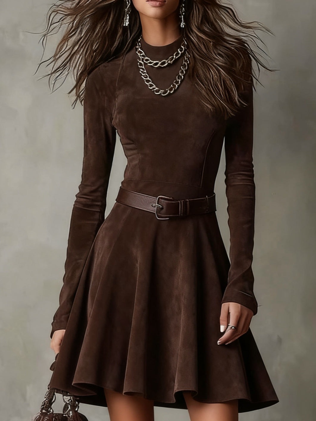 Elegant women's long sleeve turtleneck mini dress. Vintage style, ideal for comfortable everyday autumn/winter fashion.