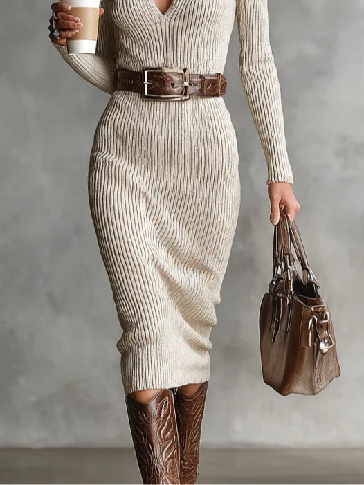 Sophisticated women's belted mock turtleneck midi dress in beige. Versatile for winter fashion, office, or dinner.
