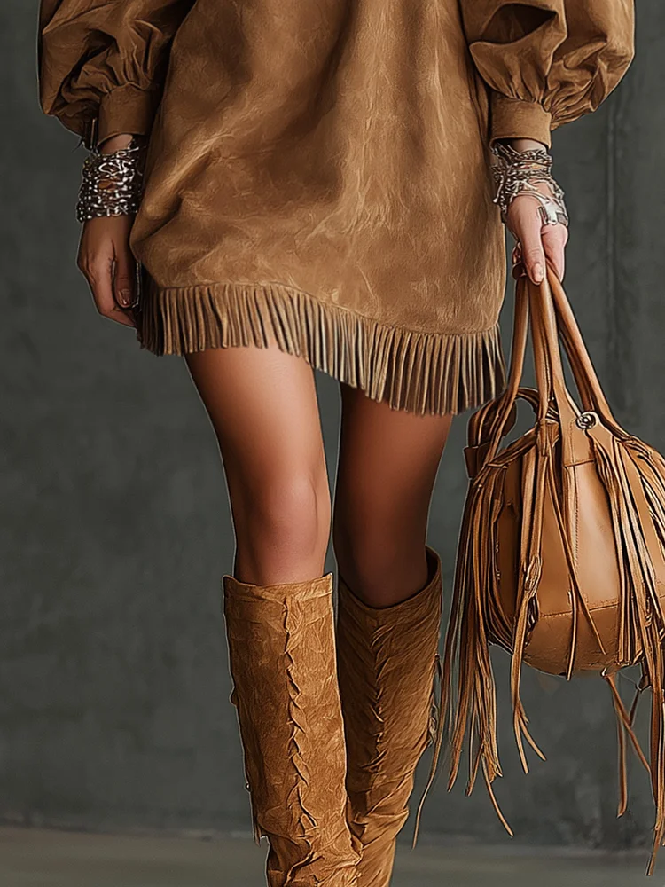 Stylish women's casual mini dress, western-inspired with puff sleeves. A versatile statement piece for autumn fashion.